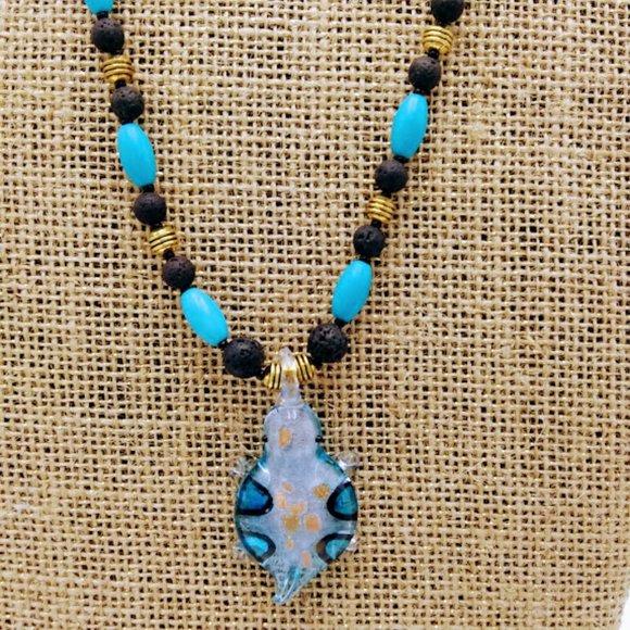 TURTLE*DICHROIC BLUE ART GLASS PENDANT*LAVA STONE*NECKLACE*TRENDY*HANDCRAFTED - Picture 5 of 7